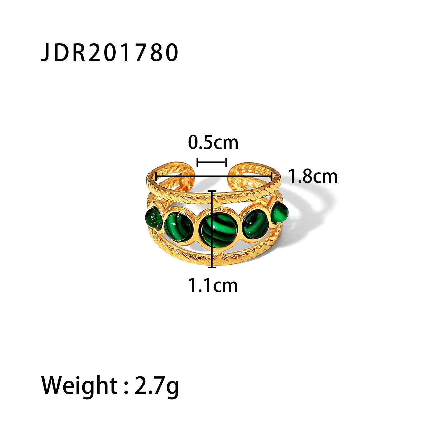 Uworld Vintage 18K Gold Malachite Statement Open Ring Waterproof 18K PVD Gold Plated Stainless Steel Bague Femme Acier Inoxydabl